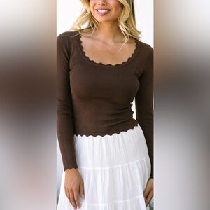 The Workshop, Large Chocolate Brown Scalloped Long Sleeved Knit (Runs Small)